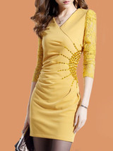 Casual V-Neck Rhinestone Ruched Hollow Out Plain Bodycon Dress
