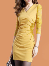 Casual V-Neck Rhinestone Ruched Hollow Out Plain Bodycon Dress