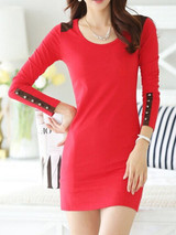 Casual Round Neck Decorative Button Color Block Mini Bodycon Dress