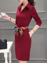 Casual Turn Down Collar Pocket Removable Tie Bodycon Dress