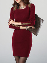 Casual Round Neck Decorative Button Color Block Bodycon Dress