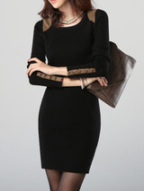 Casual Round Neck Decorative Button Color Block Bodycon Dress