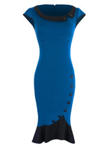 Casual Round Neck Decorative Button Color Block Mermaid Bodycon Dress