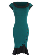 Casual Round Neck Decorative Button Color Block Mermaid Bodycon Dress