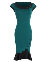 Casual Round Neck Decorative Button Color Block Mermaid Bodycon Dress