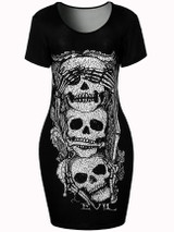 Casual Round Neck Stylish Skull Printed Mini Bodycon Dress