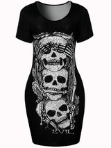Casual Round Neck Stylish Skull Printed Mini Bodycon Dress