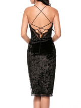 Casual Spaghetti Strap Decorative Lace Side Slit Plain Velvet Bodycon Dress