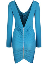 Hot Deep V-Neck Zips Plain Ruched Bodycon Dress
