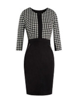 Casual Office Round Neck Zips Houndstooth Bodycon Dress