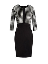 Casual Office Round Neck Zips Houndstooth Bodycon Dress