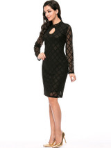 Casual Band Collar Keyhole Plaid Hollow Out Plain Bodycon Dress