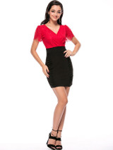 Casual Hot Deep V-Neck Patchwork Color Block Ruched Bodycon Dress