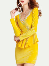 Casual Deep V-Neck Rhinestone Flounce Plain Velvet Bodycon Dress Casual Deep V-Neck Rhinestone Flounce Plain Velvet Bodycon Dress