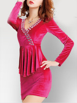 Casual Deep V-Neck Rhinestone Flounce Plain Velvet Bodycon Dress Casual Deep V-Neck Rhinestone Flounce Plain Velvet Bodycon Dress