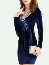 Casual Deep V-Neck Rhinestone Flounce Plain Velvet Bodycon Dress Casual Deep V-Neck Rhinestone Flounce Plain Velvet Bodycon Dress