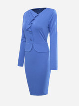 Casual V Neck Patchwork Plain Pleated Split Bodycon-dress