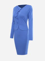Casual V Neck Patchwork Plain Pleated Split Bodycon-dress