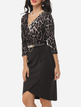 Casual Leopard Patchwork Split Charming V Neck Bodycon-dress
