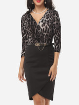 Casual Leopard Patchwork Split Charming V Neck Bodycon-dress