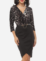 Casual Leopard Patchwork Split Charming V Neck Bodycon-dress