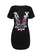 Casual Deep V-Neck Lace-Up Curved Hem Printed Bodycon Dress