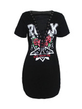 Casual Deep V-Neck Lace-Up Curved Hem Printed Bodycon Dress