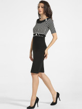 Casual Decorative Buttons Round Neck Cotton Houndstooth Split Bodycon-dress