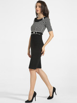 Casual Decorative Buttons Round Neck Cotton Houndstooth Split Bodycon-dress