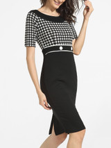 Casual Decorative Buttons Round Neck Cotton Houndstooth Split Bodycon-dress
