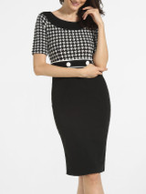 Casual Decorative Buttons Round Neck Cotton Houndstooth Split Bodycon-dress