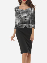 Casual Sweet Heart Decorative Button Split Houndstooth Bodycon Dress