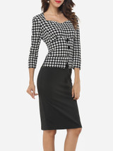 Casual Sweet Heart Decorative Button Split Houndstooth Bodycon Dress
