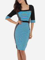 Casual Square Neck Dacron Patchwork Striped Bodycon-dress Casual Square Neck Dacron Patchwork Striped Bodycon-dress