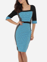 Casual Square Neck Dacron Patchwork Striped Bodycon-dress Casual Square Neck Dacron Patchwork Striped Bodycon-dress