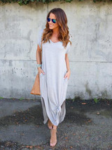 Solid Color V-neck Loose With Pockets Maxi Dress