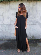 Solid Color V-neck Loose With Pockets Maxi Dress
