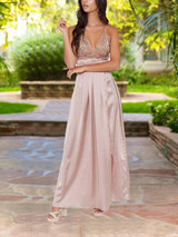 Apricot Patchwork Sequin Spaghetti Strap Backless V-neck Sparkly Birthday Party Maxi Dress