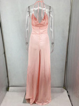 New Pink Side Slit Halter Neck Backless Deep V-neck Party Maxi Dress