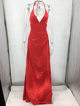 New Red Side Slit Halter Neck Backless Deep V-neck Party Maxi Dress