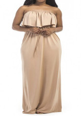 Apricot Bandeau Drawstring Ruffle Off Shoulder Plus Size Bohemian Maxi Dress