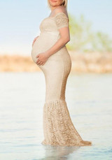 Apricot Lace Ruffle Off Shoulder Boat Neck Elegant Mermaid Maternity Maxi Dress