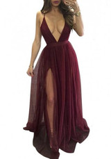 Burgundy Patchwork Spaghetti Strap Backless Plunging Neckline Sleeveless Maxi Dress
