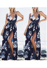 Blue Irregular Sashes Spaghetti Strap Backless Flowy Vegas Bohemian Beach Maxi Dress