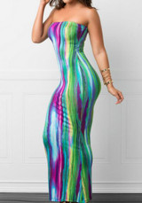 Green Colorful Bandeau Off Shoulder Backless Tie Dye Homecoming Party Maxi Dress