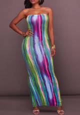 Green Colorful Bandeau Off Shoulder Backless Tie Dye Homecoming Party Maxi Dress