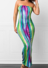 Green Colorful Bandeau Off Shoulder Backless Tie Dye Homecoming Party Maxi Dress