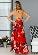 Red Backless Cross Back Draped Side Slit Spaghetti Strap Lace-up Bohemian Maxi Dress