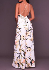 White Flowers Print Cross Back Sashes Backless Spaghetti Strap Bohemian Maxi Dress