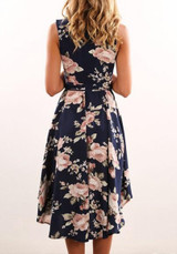 Purplish Blue Flowers Print Swallowtail Draped V-neck Casual Maxi Dress